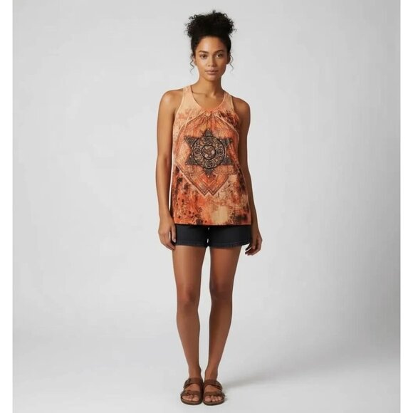 Vintage Orange Geometric Tribal Print Sleeveless Racerback Top Women's Large - Picture 1 of 11